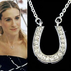 Rhodium gold Horseshoe Pendant Necklace with clear Swarovski crystals